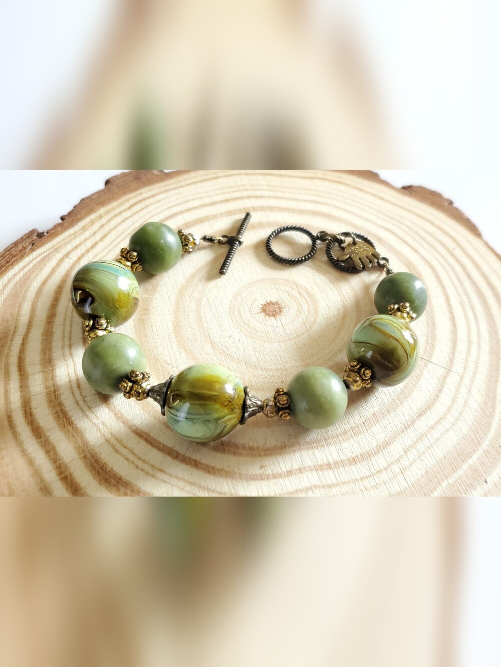 Vtg. Murano Glass & Serpentine Beads Bracelet
